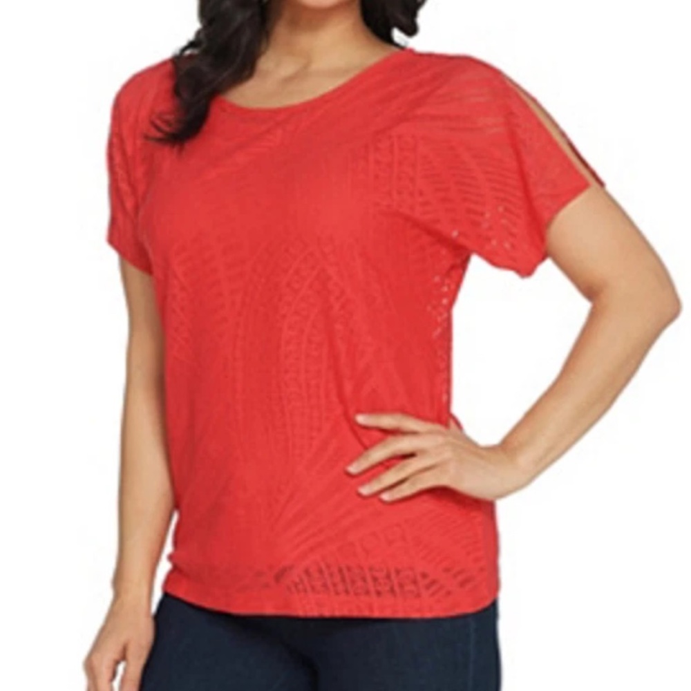 Susan Graver Red Split-Sleeve Openwork Knit Top – Size XS (Fits Like M)
